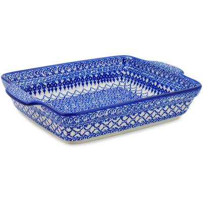 Polish Pottery Rectangular Baker with Handles 15&quot; Winter Blue