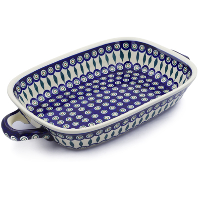 Polish Pottery Rectangular Baker with Handles 18&quot; Peacock Leaves