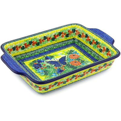 Polish Pottery Rectangular Baker with Handles 9&frac12;-inch Blue Butterfly Meadow UNIKAT