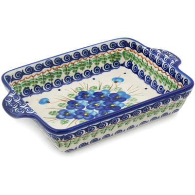 Polish Pottery Rectangular Baker with Handles 9&quot; Blue Pansy