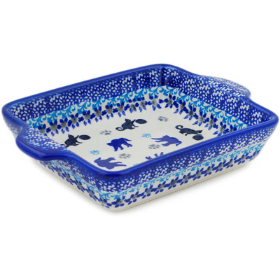 Polish Pottery Rectangular Baker with Handles 9&quot; Kitty Paw Play Time