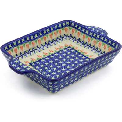 Polish Pottery Rectangular Baker with Handles 9&quot; Tulips And Diamonds