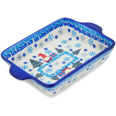 Polish Pottery Rectangular Baker with Handles 9&quot; Winter Gnome