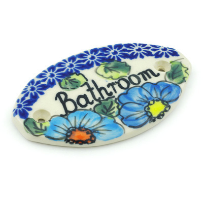 Polish Pottery Restroom Sign 4&quot; Bold Blue Poppies UNIKAT
