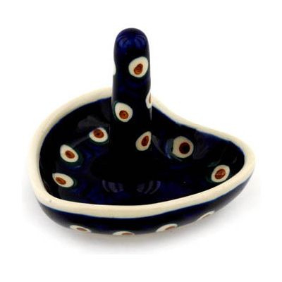 Polish Pottery Ring Holder 3&quot; Peacock Leaves