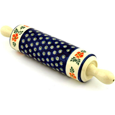Polish Pottery Rolling Pin 13&quot; Poinsetia Peacock