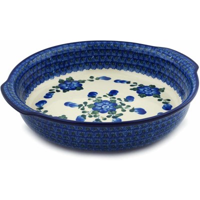 Polish Pottery Round Baker with Handles 10&frac14;-inch Blue Poppies