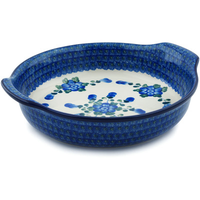 Polish Pottery Round Baker with Handles 10-inch Blue Poppies