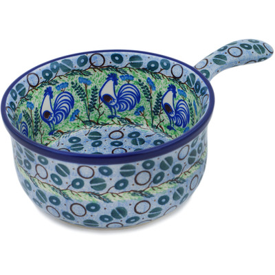 Polish Pottery Round Baker with Handles 10&quot; Blue Rooster UNIKAT