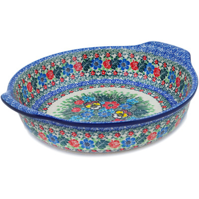 Polish Pottery Round Baker with Handles 10-inch Country Bouquet UNIKAT