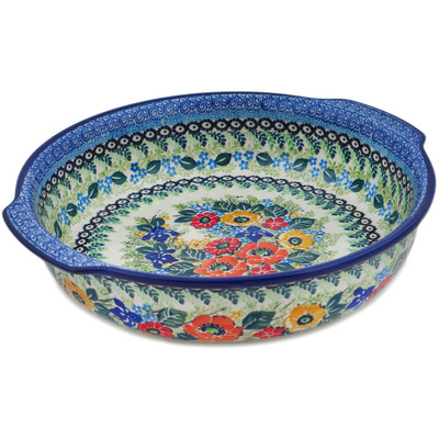 Polish Pottery Round Baker with Handles 10&frac14;-inch Iris Meadow UNIKAT