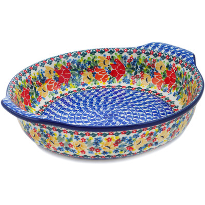 Polish Pottery Round Baker with Handles 10-inch Lovely Surprise UNIKAT