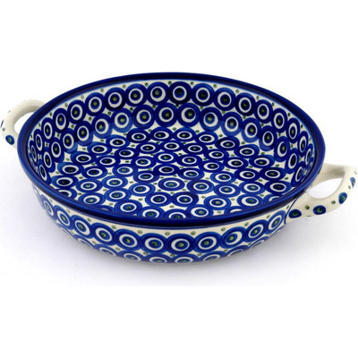 Polish Pottery Round Baker with Handles 10-inch Medium Big Eyed Peacock