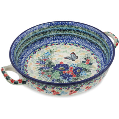 Polish Pottery Round Baker with Handles 10-inch Medium Blue Monarch Meadow UNIKAT