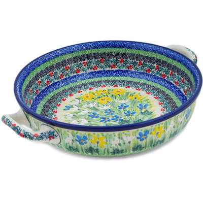 Polish Pottery Round Baker with Handles 10-inch Medium Dandy Daffodils UNIKAT