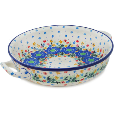 Polish Pottery Round Baker with Handles 10-inch Medium Fascinating Flora UNIKAT