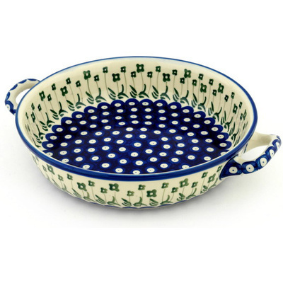 Polish Pottery Round Baker with Handles 10-inch Medium Pushing Poppies Peacock