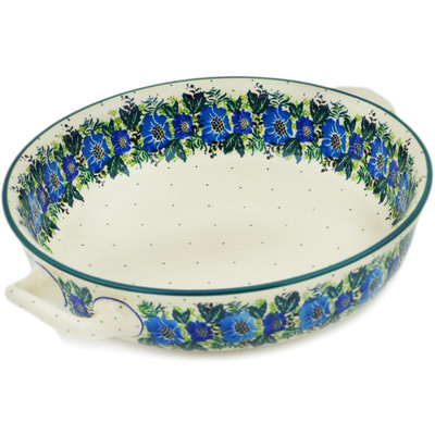 Polish Pottery Round Baker with Handles 10-inch Medium Stormy Poppy Chain