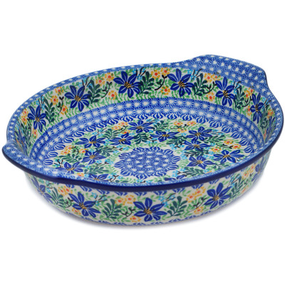 Polish Pottery Round Baker with Handles 10-inch Midnight Lilies UNIKAT