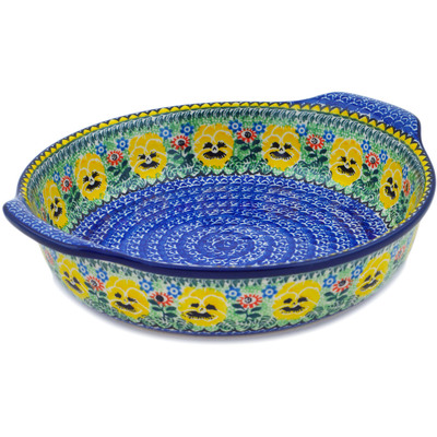 Polish Pottery Round Baker with Handles 10-inch Pansies Field UNIKAT