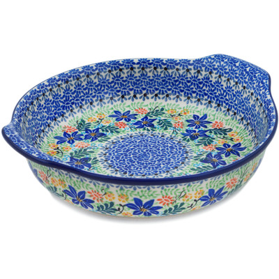 Polish Pottery Round Baker with Handles 10-inch Sapphire Lilies UNIKAT