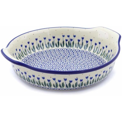 Polish Pottery Round Baker with Handles 10-inch Water Tulip