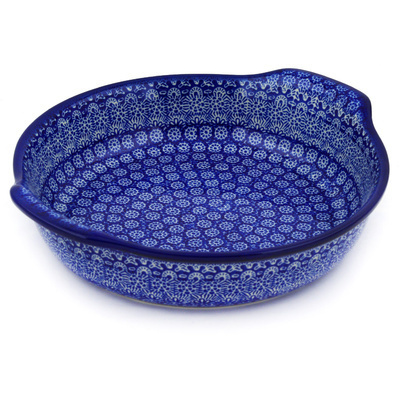 Polish Pottery Round Baker with Handles 10-inch Winter Frost