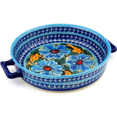 Polish Pottery Round Baker with Handles 11&quot; Corn In The Blue UNIKAT
