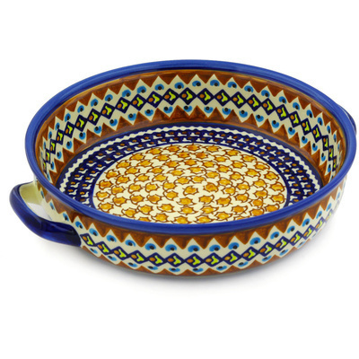Polish Pottery Round Baker with Handles 11&quot; Golden Leaves UNIKAT