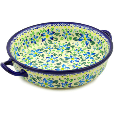 Polish Pottery Round Baker with Handles 13&quot; Blue Clematis
