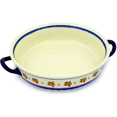 Polish Pottery Round Baker with Handles 13&quot; Country Apple Peacock