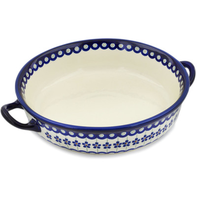 Polish Pottery Round Baker with Handles 13&quot; Flowering Peacock