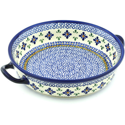 Polish Pottery Round Baker with Handles 13&quot; Gangham Flower Chain