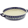 Polish Pottery Round Baker with Handles 13&quot; Peacock Leaves