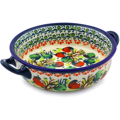 Polish Pottery Round Baker with Handles 6-inch Apple Orchard