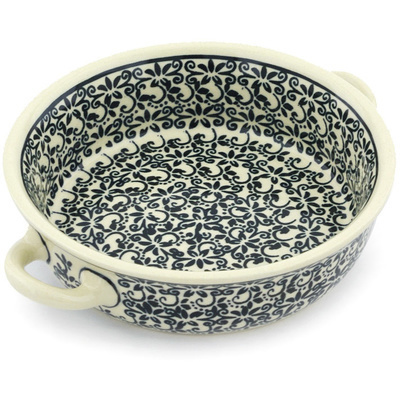 Polish Pottery Round Baker with Handles 6-inch Black Lace Vines