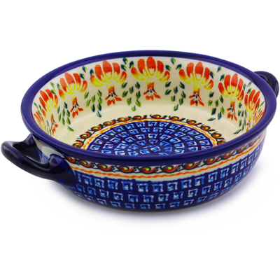 Polish Pottery Round Baker with Handles 6-inch Blooming Red