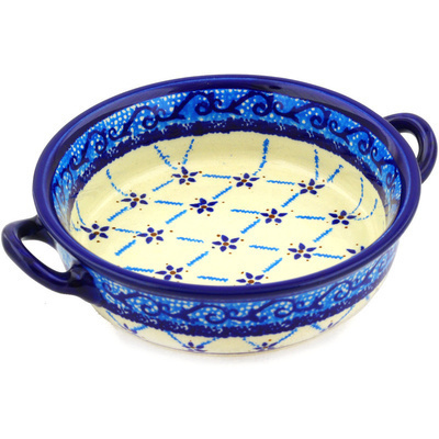 Polish Pottery Round Baker with Handles 6-inch Blue Daisy Lattice