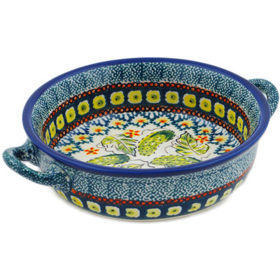 Polish Pottery Round Baker with Handles 6-inch Cucumber Patch