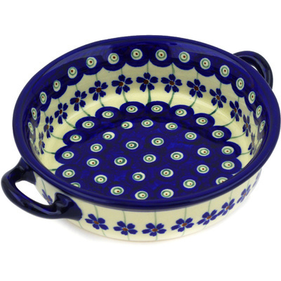 Polish Pottery Round Baker with Handles 6-inch Flowering Peacock