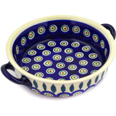Polish Pottery Round Baker with Handles 6-inch Peacock Leaves