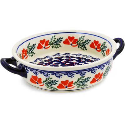 Polish Pottery Round Baker with Handles 6-inch Rain Of Field Poppies