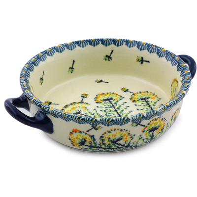 Polish Pottery Round Baker with Handles 6-inch Yellow Dandelions