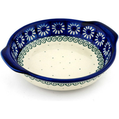 Polish Pottery Round Baker with Handles 7&quot; Daisy Chain