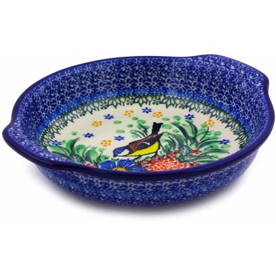 Polish Pottery Round Baker with Handles 7&quot; Finch Garden UNIKAT