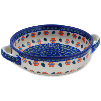 Polish Pottery Round Baker with Handles 8&quot; Daisy Stitches