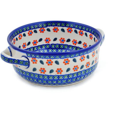 Polish Pottery Round Baker with Handles 8&quot; Daisy Stitches