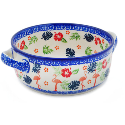 Polish Pottery Round Baker with Handles 8&quot; Flamingo Tropical Paradise