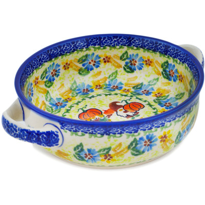 Polish Pottery Round Baker with Handles 8&quot; Gnomeo And Juliet UNIKAT