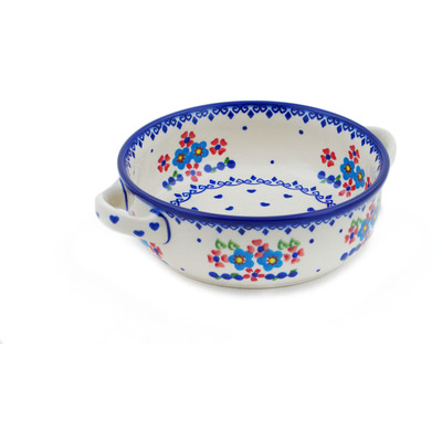 Polish Pottery Round Baker with Handles 8&quot; Hearts And Flowers